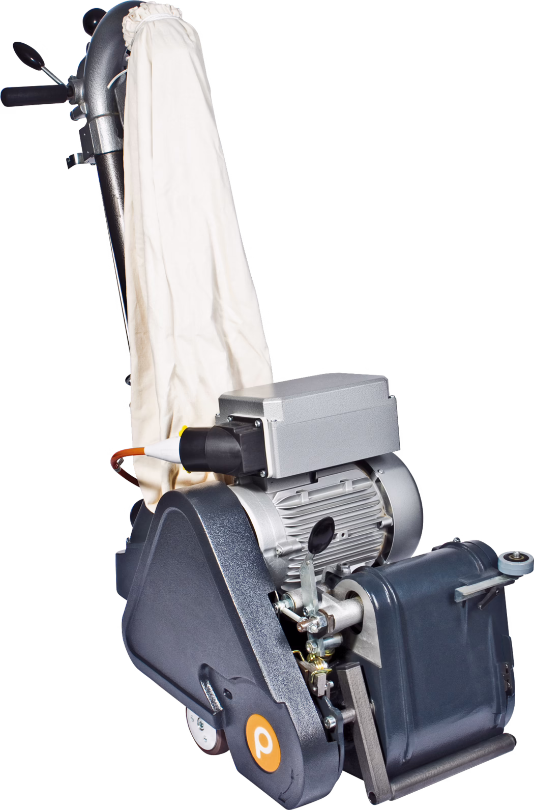 PALLMANN_dummy_PALLMANN COBRA CLASSIC_msl_2017-02 A close-up of a professional floor sanding machine isolated on a white background, showing the motor housing, metal frame, abrasive roller housing, control handles, attached beige cloth dust collection bag and an electrical cable.