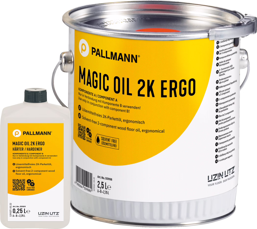 PALLMANN_dummy_Magic-Oil-2K-Ergo_2,75l_msl_2021-12 Close-up photo of two containers of Pallmann Magic Oil 2K Ergo wood floor oil: a large metal 2.5 L can with a bright yellow label, metal handle and sealed lid with a clamp, and a smaller white plastic bottle with a black cap labeled 'Hardener / Component B'. The label shows the brand 'PALLMANN', product name 'MAGIC OIL 2K ERGO', references to 'solvent-free' and '2-component', a QR code and a barcode. Clean white studio background, product centered.