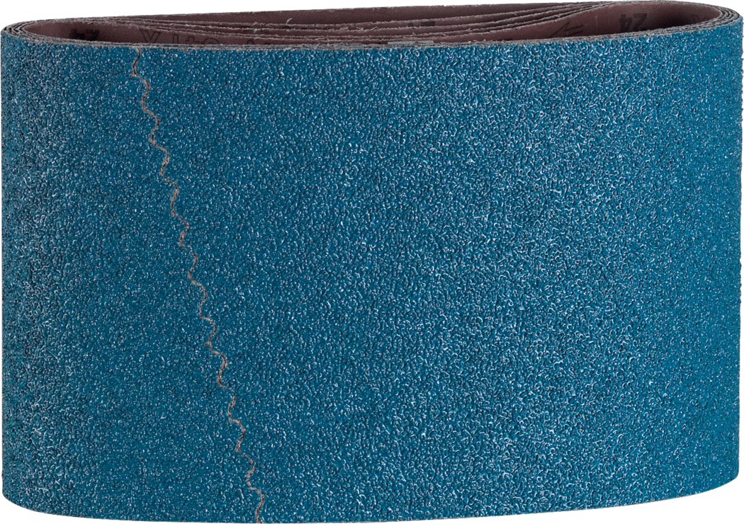 PALLMANN_dummy_zircon-sanding-belt-200x750mm_msl_2021-12 Close-up photograph of a rolled blue abrasive sanding belt. The coarse, sparkly blue grit covers the outer surface with a textured, pebbled pattern. A visible zigzag seam runs vertically where the ends are joined. The belt is rolled so the brown inner backing layers are visible at the top. Even lighting and a plain white background emphasise the material texture and construction, suitable for industrial or DIY product listings.