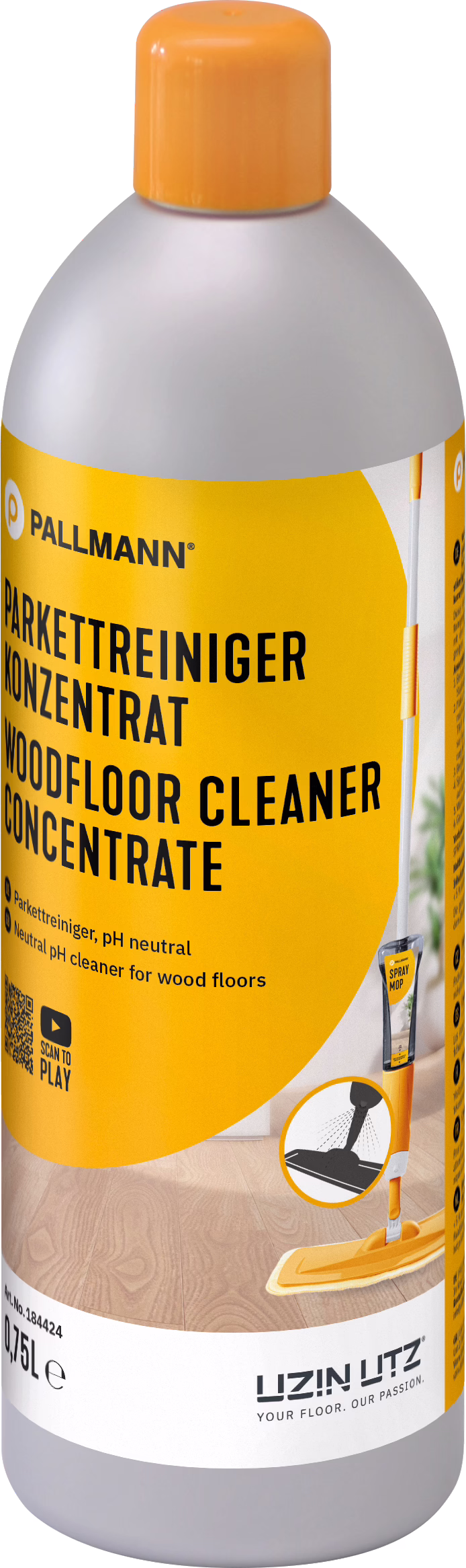 A tall plastic bottle with a bright orange-yellow label containing a wood floor cleaner concentrate. The prominent brand name 'PALLMANN' appears near the top; large black text reads 'PARKETTREINIGER KONZENTRAT / WOODFLOOR CLEANER CONCENTRATE'. The label includes an illustration of a spray mop and an icon indicating a pH-neutral formula. A QR code and small usage pictograms are visible, and the capacity marking '0,75 L' appears at the bottom. The bottle has an orange screw cap, a smooth grey shoulder and a modern, clean packaging design that emphasizes concentrated, pH-neutral cleaning for wooden floors to be diluted before use.