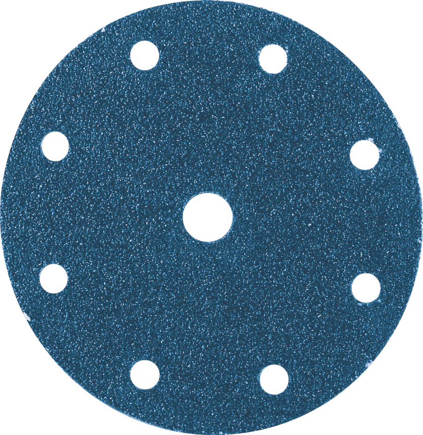 PALLMANN_dummy_zircon-velcro-disc-150mm-8-hole_msl_2021-12 Close-up of a circular blue abrasive sanding disc on a white background. The disc features a coarse, glittering textured surface and nine round perforations — one larger central hole and eight smaller, evenly spaced peripheral holes — typical for dust extraction on orbital sanders. The flat disc has a hook-and-loop backing implied by its clean edge, and the metallic deep-blue color highlights the grit particles and slight reflections on the abrasive surface. The image is well-centered and isolated, showing the product clearly for identification and e-commerce use.