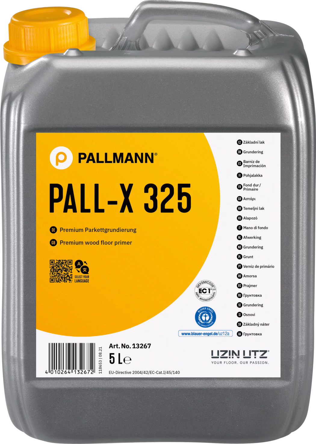 PALLMANN_dummy_Pall-X-325_5l_msl_2021-12 A grey 5‑litre plastic canister with a large yellow label saying 'PALL-X 325', a premium wood floor primer from Pallmann; orange cap and product information on the label.