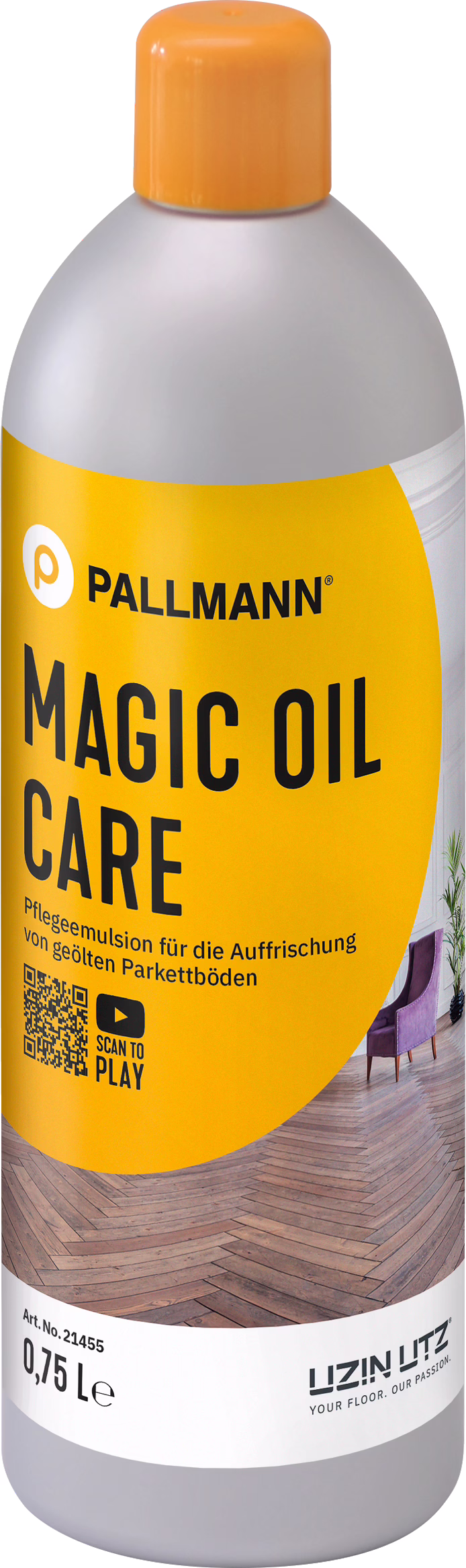 PALLMANN_dummy_MAGIC-OIL-CARE_0,75l_msl_2021-12 Photograph of a cylindrical 0.75 L plastic bottle of Pallmann labelled 'Magic Oil Care'. The bottle has a matte light-gray body and a bright orange screw cap. A large yellow‑orange label covers the front with the brand name 'PALLMANN' and the bold product name 'MAGIC OIL CARE', plus the German description 'Pflegeemulsion für die Auffrischung von geölten Parkettböden'. The label also shows a small herringbone wooden floor image, a purple upholstered chair, a QR code with a 'Scan to play' icon, the Uzin Utz logo, article number 21455 and the 0,75 L volume. The image is evenly lit on a neutral background and emphasizes packaging and label details, suggesting a maintenance oil emulsion for refreshing oiled parquet floors.