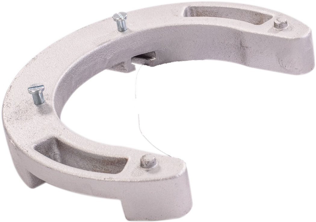 PALLMANN_dummy_SPIDER additional weight_ret_2019-06 A crescent-shaped, horseshoe-like cast metal piece in matte silver-gray photographed on a white background. The solid component has a rough, textured surface, three small metal pins or rivets protruding from the top and rectangular recesses near the ends. It appears industrial, possibly a counterweight or mounting bracket, with rounded edges and an open semicircular inner curve.