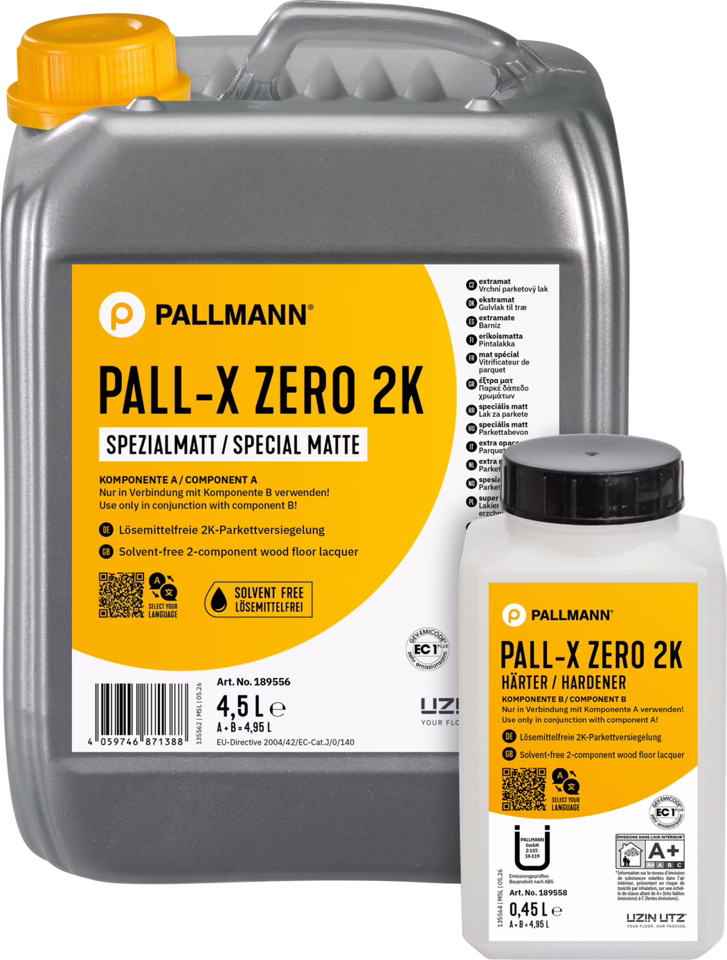 PALLMANN_dummy_Pall-X-Zero-2K_spezialmatt_composing_4,95l_msl_2026-05 Close-up photograph of two plastic containers of Pallmann PALL-X ZERO 2K wood floor lacquer: a large grey jerrycan with an orange label reading 'PALL-X ZERO 2K SPECIAL MATTE' and a smaller white hardener bottle with a black screw cap and a matching orange label; the grey container shows a yellow screw cap, a 4.5 L capacity marking, multilingual instructions, a solvent-free icon, a QR code and product numbers; the containers are cropped against a white background.