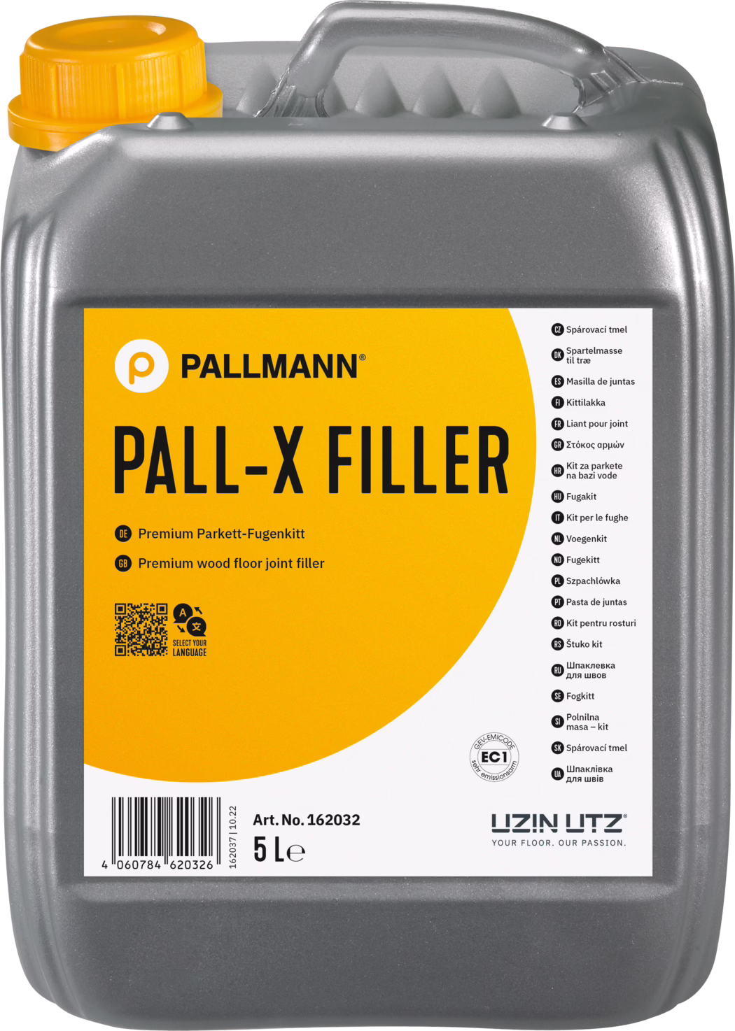PALLMANN_dummy_Pall-X-Filler_5l_msl_2021-12 Gray plastic 5-liter canister of Pallmann 'PALL‑X FILLER' wood floor joint filler with a bright orange label and orange screw cap. The front label features the PALLMANN logo, the large product name 'PALL‑X FILLER', a description indicating a premium wood floor joint filler, a QR code, barcode, article number 162032 and the marking '5 L'. The right side lists translations into multiple languages. The container has an integrated handle on top and a textured matte gray surface, intended for parquet and wooden floor repair work.