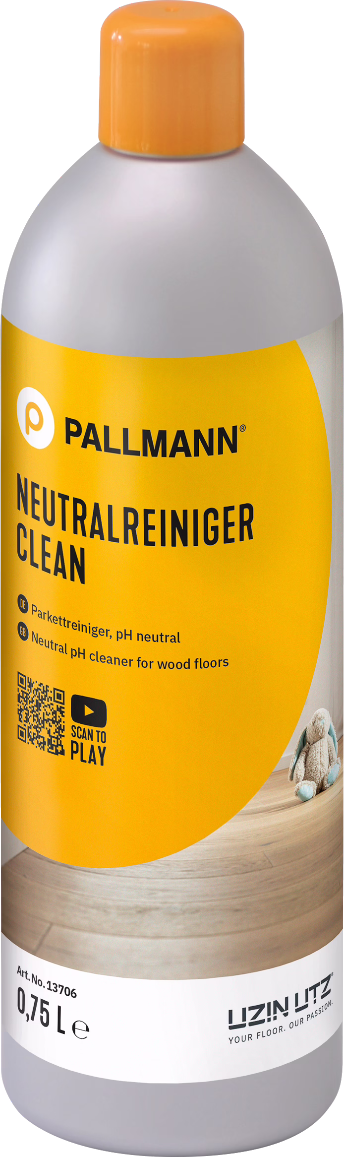A tall gray plastic bottle with an orange cap and bright orange label reading 'PALLMANN NEUTRALREINIGER CLEAN'. It is a neutral pH cleaner for wood floors; the label shows 0,75 L, a QR code and the brand UZIN UTZ. A small plush toy is pictured on a wooden floor on the lower part of the label.