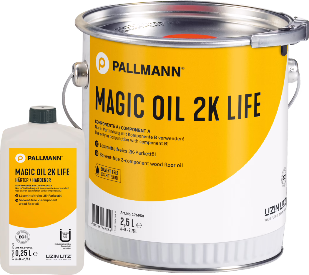 PALLMANN_Dummy_MAGIC-OIL-2K-LIFE_a-b_2,75l_rgb_msl_2023-11 Close-up studio photograph of two packaged components of a professional wood-floor oil system by PALLMANN. A large cylindrical metal can with a bright yellow label dominates the right side, showing the brand name 'PALLMANN' and the product name 'MAGIC OIL 2K LIFE' in bold black letters. The metal can has a silver lid with a clamp and a metal carry handle; the label identifies it as a solvent-free 2-component wood floor oil (Component A) and displays quantity markings including '2,5 L' and 'A+B = 2,75 L'. To the left is a smaller rectangular white plastic bottle labeled as the hardener (Component B) with a black screw cap and matching yellow branding; its label shows 'HÄRTER / HARDENER' and the volume '0,25 L'. Visible details include small printed instructions in German and English ('Nur in Verbindung mit Komponente B verwenden! / Use only in conjunction with component B!') and a 'SOLVENT FREE / LÖSEMITTELFREI' symbol. The high-contrast yellow and black typography, metal hardware and clear product information communicate a professional two-part finishing product for wood floors.
