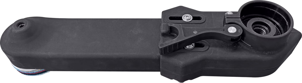 Close-up of a black plastic mechanical mounting bracket or clamp with an elongated rectangular arm extending to the left. The right side features a circular recessed socket with internal threads, a hinged quick-release lever and two adjustable slotted screw mounts with visible metal screws. The surface is matte black plastic with minor dust and light signs of wear; a small multicolored textile strip or gasket is partially visible at the lower left edge.