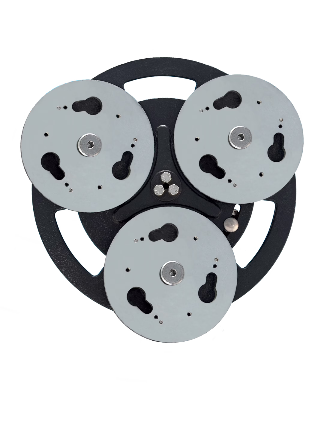 Close-up top-down photograph of a black circular metal mounting plate with three evenly spaced silver‑grey adapter discs. Each disc features keyhole-shaped cutouts, small fastening holes and a central hexagonal bolt; the black base shows a textured powder-coat finish and three recessed hex-head bolts near the center. The mechanical assembly is isolated on a white background with even lighting that highlights the metal surfaces, fasteners and precise machining details, suitable for technical documentation.