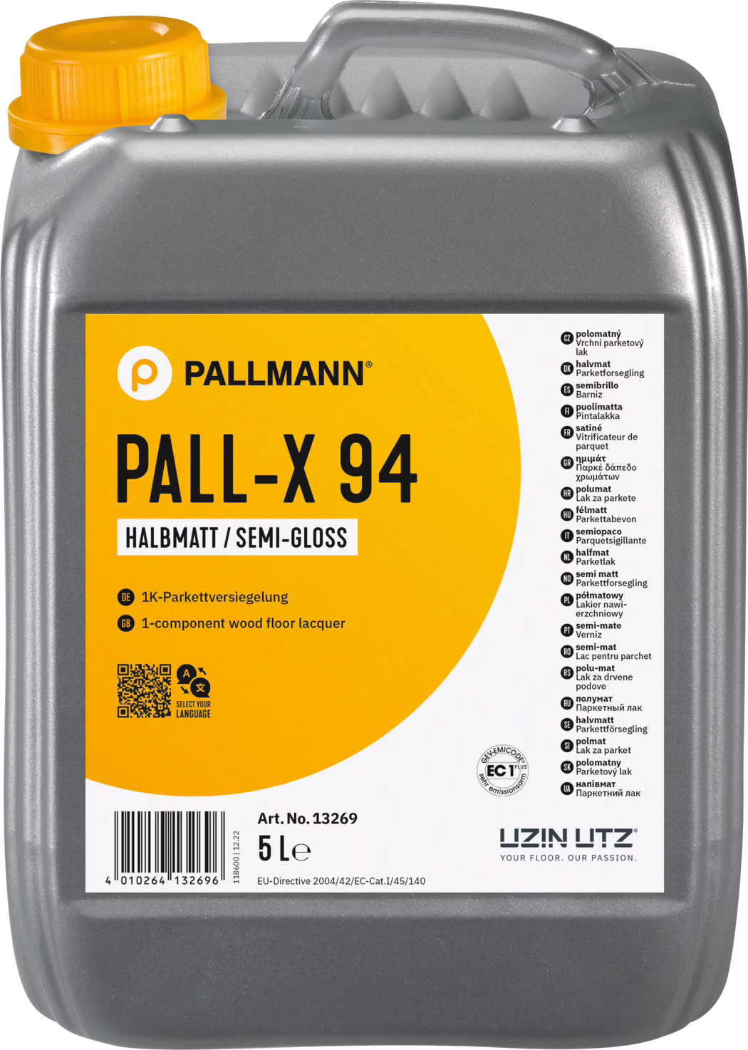 PALLMANN_dummy_Pall-X-94_halbmatt_5l_msl_2022-09 Photo of a 5-litre grey plastic jerrycan of PALLMANN PALL-X 94 semi-gloss wood floor lacquer. The orange and white front label shows the PALLMANN logo, 'PALL-X 94', 'HALBMATT / SEMI-GLOSS', a short description '1K-Parkettversiegelung / 1-component wood floor lacquer', barcode and Art. No. 13269. The canister has an orange screw cap, molded handle, certification icons and the UZIN UTZ logo. Shown front-on against a white background.