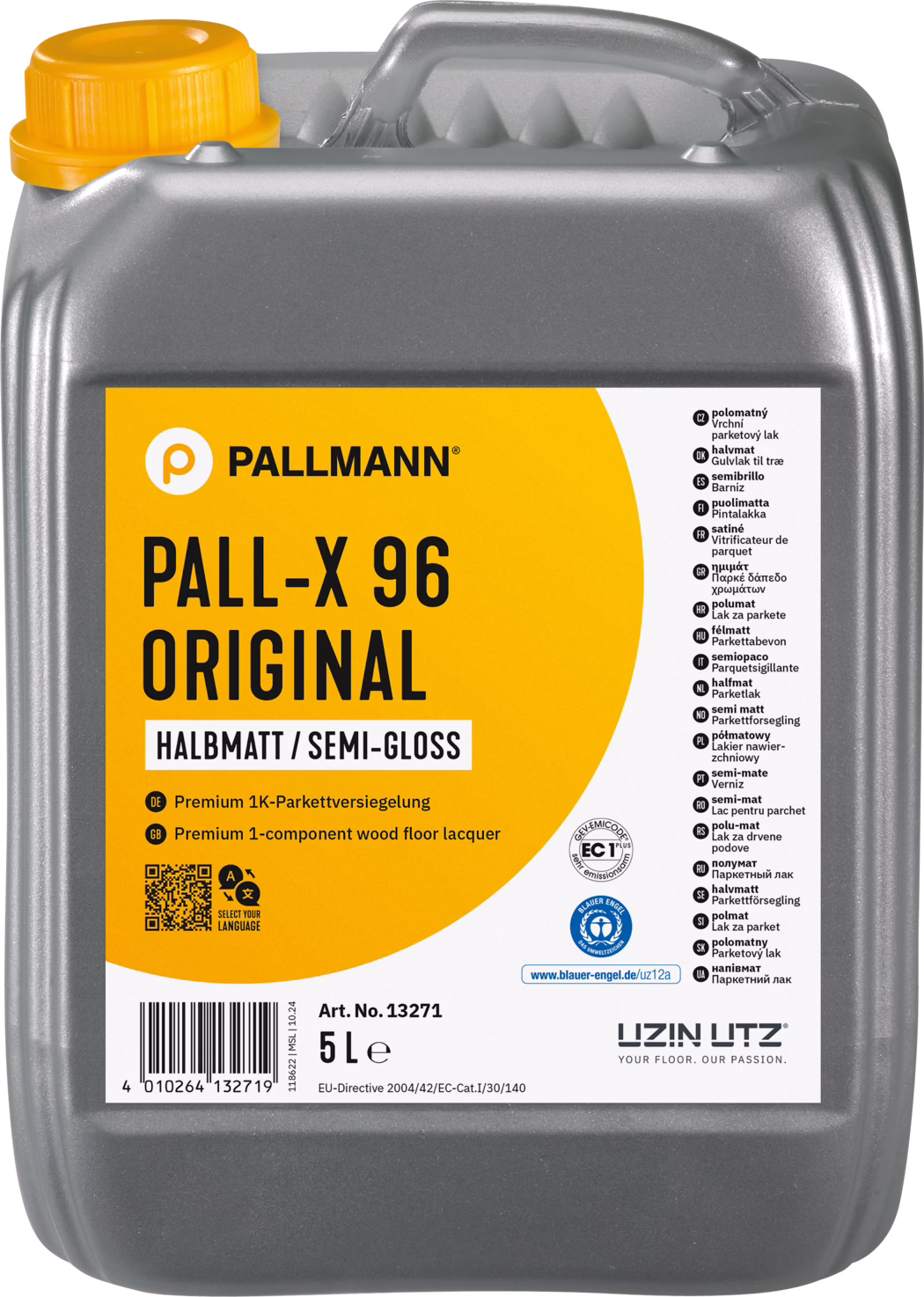 Grey plastic 5 L canister of Pallmann PALL-X 96 Original semi-gloss wood floor lacquer. The rectangular container has an integrated top handle and a yellow screw cap; the orange label features bold 'PALL-X 96 ORIGINAL' text and a white panel with multilingual information and certification marks (including Blauer Engel). The label shows 'Halbmatt / Semi-Gloss', 'Premium 1-component wood floor lacquer', article no. 13271, barcode and '5 L'. Intended for protection and finishing of wooden floors; one-component, water-based lacquer suitable for professional and DIY use. The canister's surface and form display typical manufacturing textures; suitable for application with brush, roller or machine.