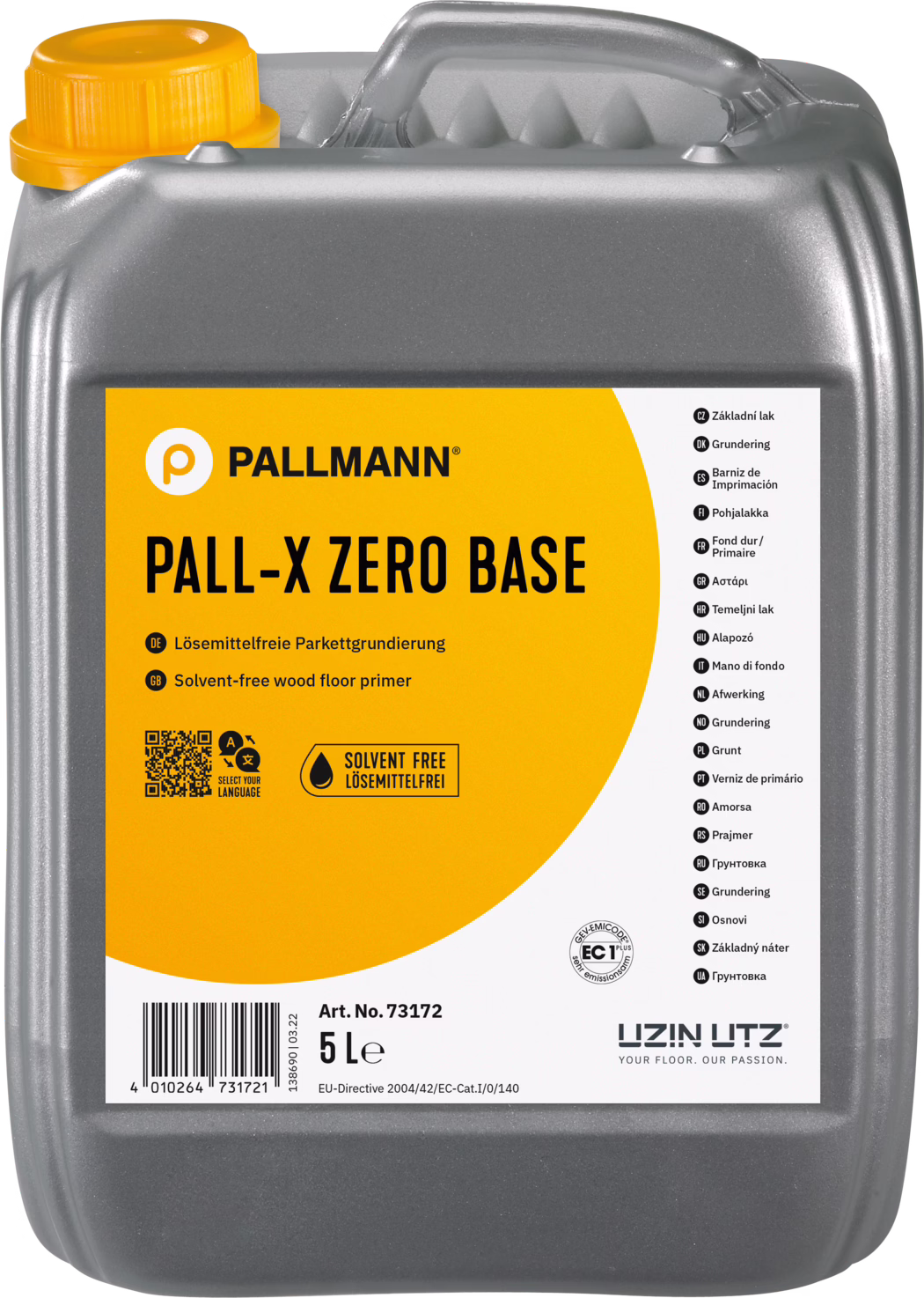 PALLMANN_dummy_Pall-X-Zero-Base_5l_msl_2021-12 Grey 5-litre plastic canister of Pallmann 'PALL-X ZERO BASE' solvent-free wood floor primer with a large yellow label, black lettering and orange cap.