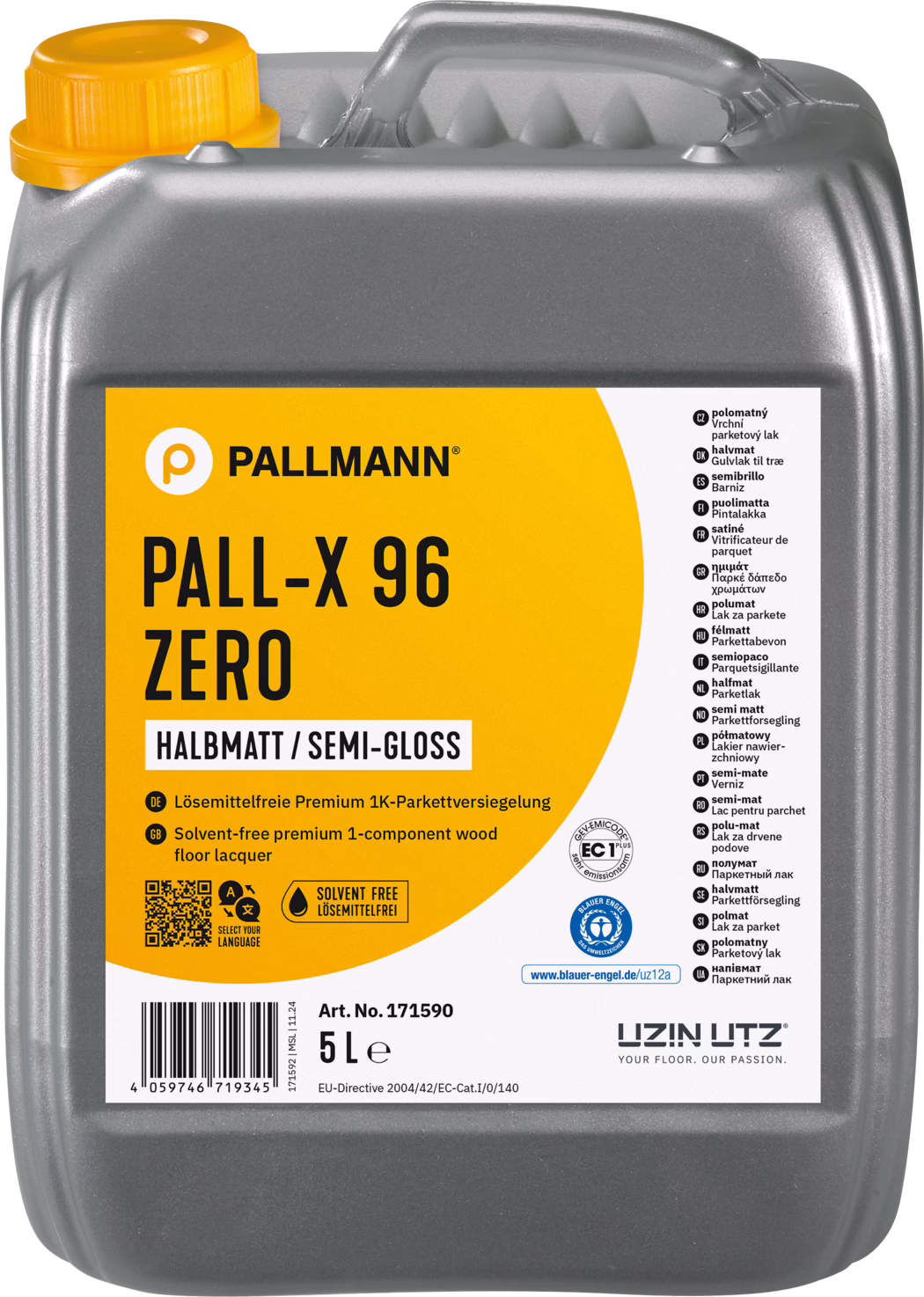 PALLMANN_dummy_Pall-X-96-zero_halbmatt_5l_msl_2024-05 Frontal product image of a 5-litre grey plastic jerrycan containing Pallmann PALL‑X 96 ZERO wood floor lacquer. The rectangular container has an integrated top handle and a bright yellow screw cap; a large circular orange and white label covers most of the front. The label prominently shows the PALLMANN logo, the product name 'PALL‑X 96 ZERO', the finish description 'HALBMATT / SEMI‑GLOSS' and icons and small text indicating 'solvent-free', certification marks and a barcode. The photograph focuses on packaging details and legible typography, conveying that this is a solvent-free, single-component semi-gloss lacquer intended for wooden floors.
