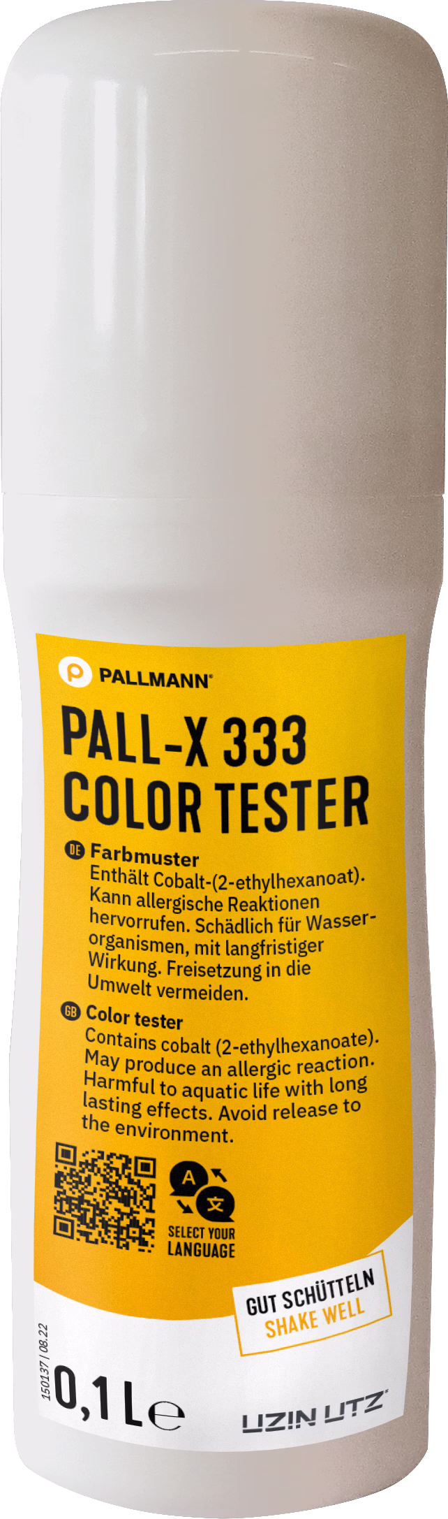 PALLMANN_dummy_Pall-X-333-Color-Tester_0,1l_msl_2021-12 Close-up product photograph of a small cylindrical white plastic bottle with a rounded cap and a glossy surface. A bright yellow rectangular label wraps around the lower two-thirds of the bottle and prominently displays the brand name 'PALLMANN' and the product name 'PALL-X 333 COLOR TESTER' in large black letters. The label includes bilingual safety text in German and English warning about cobalt (2-ethylhexanoate), possible allergic reactions and long-term harm to aquatic life, a QR code, a language selection icon and a boxed instruction reading 'GUT SCHÜTTELN / SHAKE WELL'. The bottom of the label shows the volume marking '0,1 L' and the manufacturer name 'UZIN UTZ'. The image is well lit with visible reflections on the plastic cap, a neutral light background, and the bottle is photographed upright and centred, suitable for product presentation or e-commerce use.